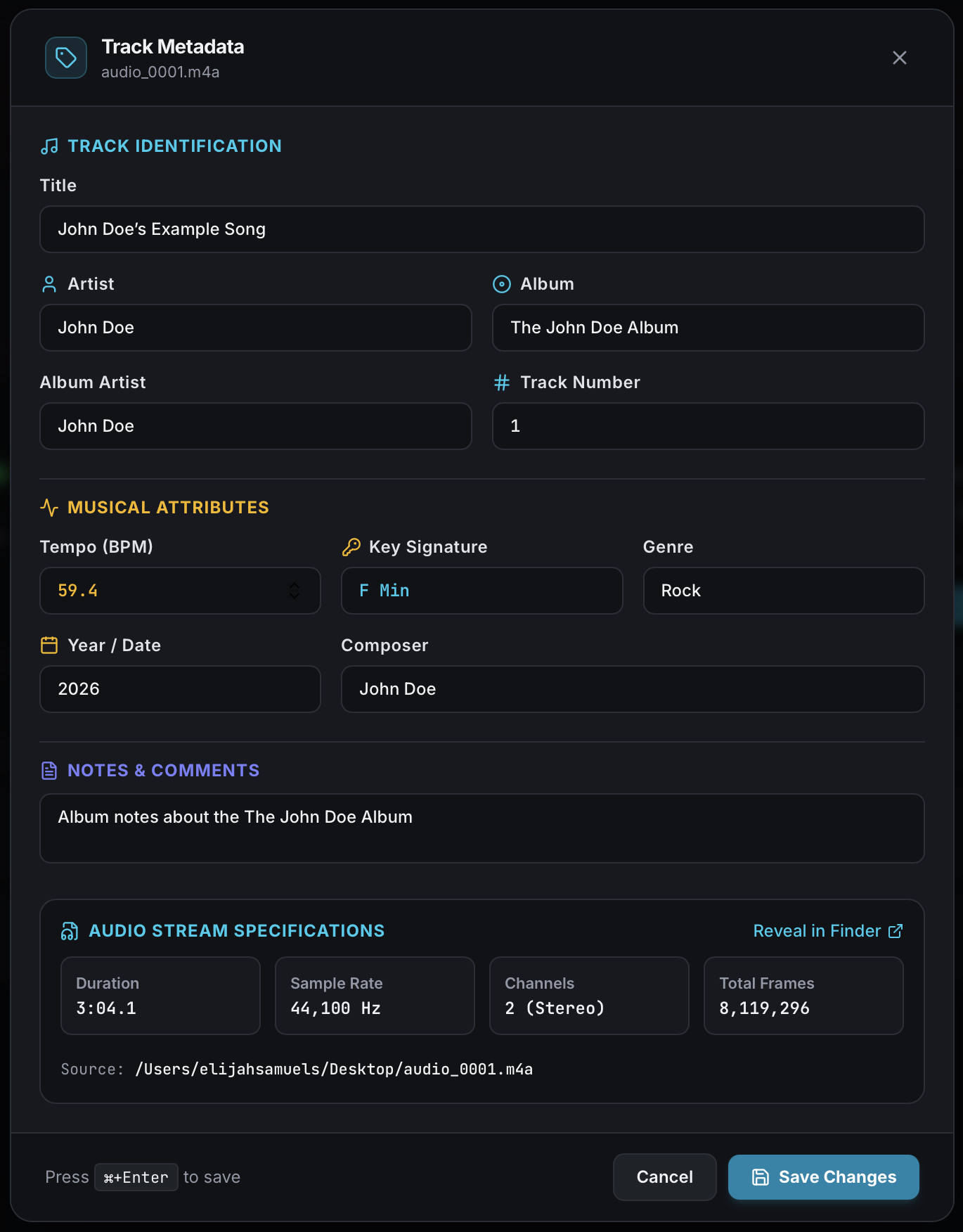 Song and Track Metadata Inspector screenshot